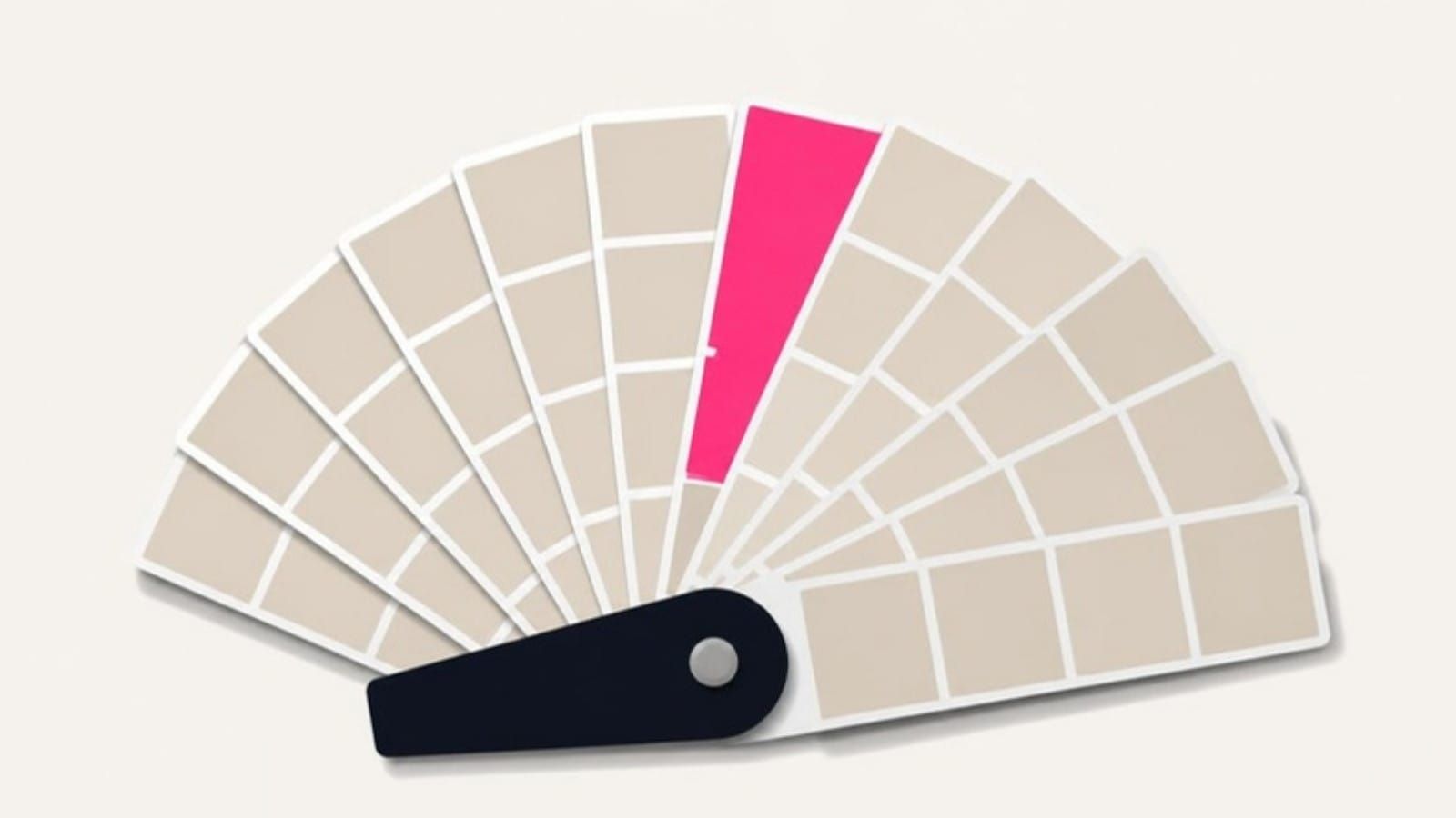 A paint swatch fan where every swatch is the same beige except one pink one.