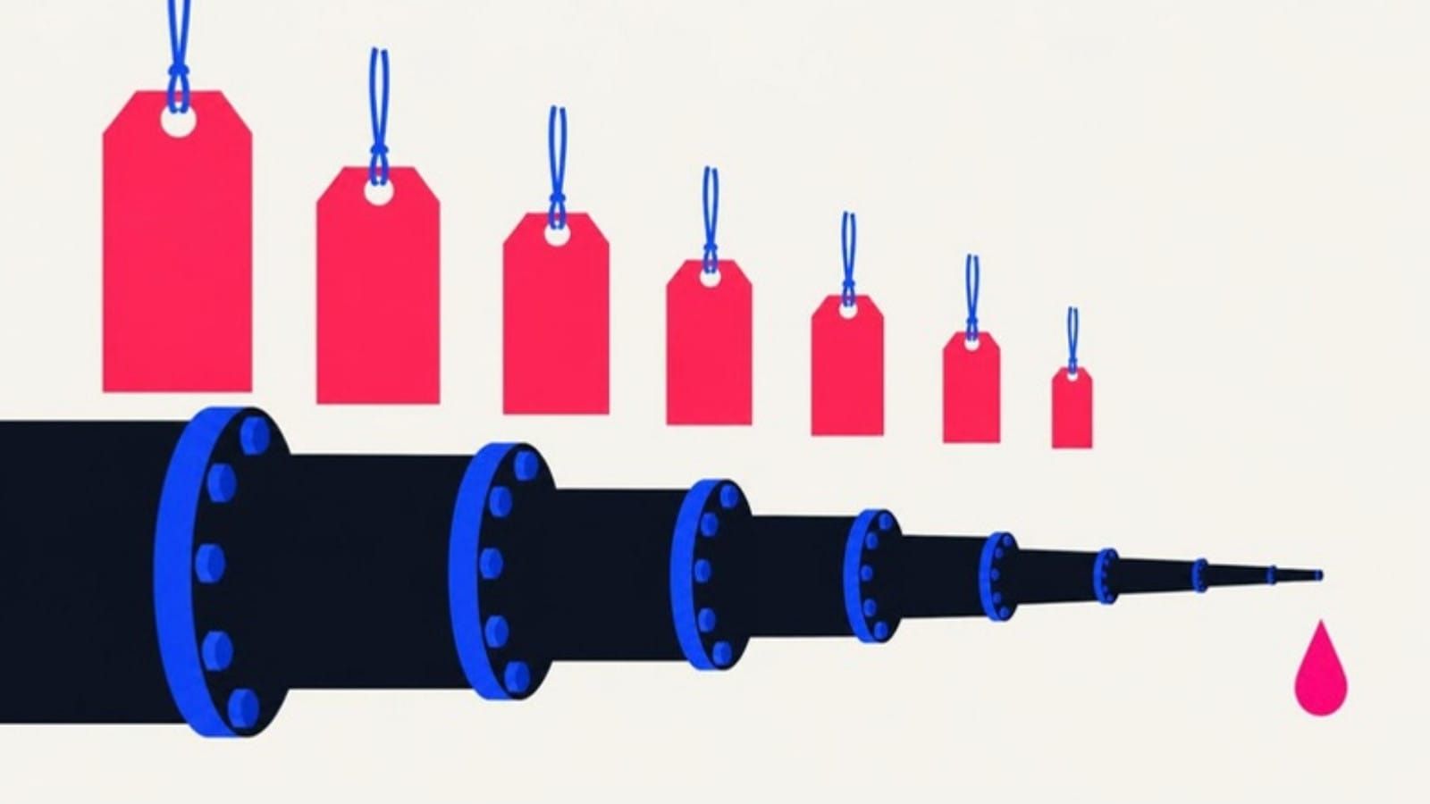 A pipe narrows to a single pink drop while the pink price tags above it shrink.
