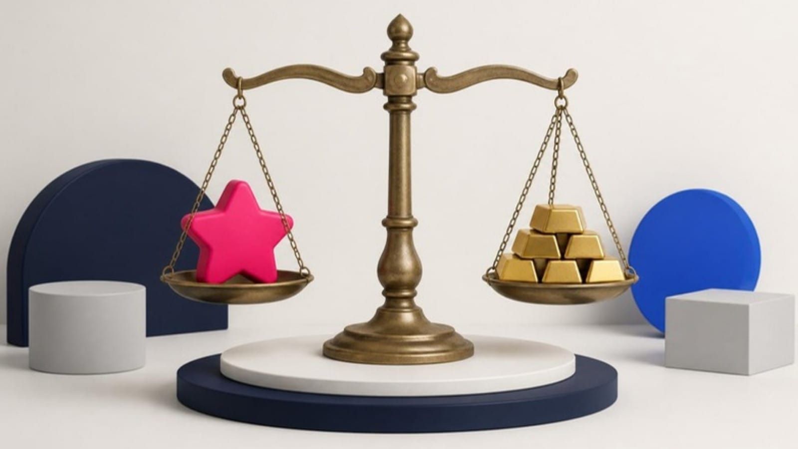 A brass balance scale holds a pink star on one side and gold bars on the other, perfectly level.