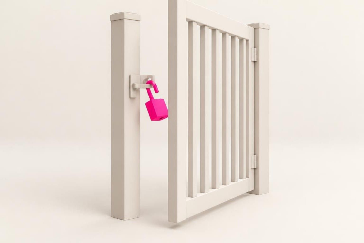 A cream garden gate standing ajar, its pink padlock hanging open on the post.