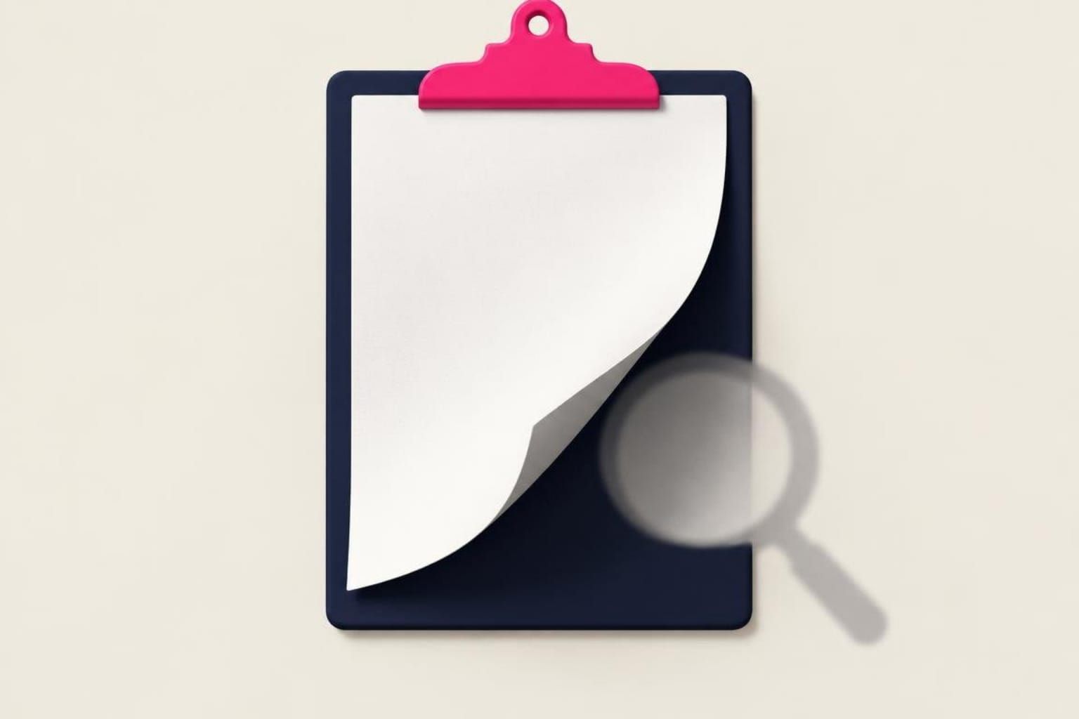 A navy clipboard with a pink clip and a blank page curling at the corner, a magnifying glass resting beside it.