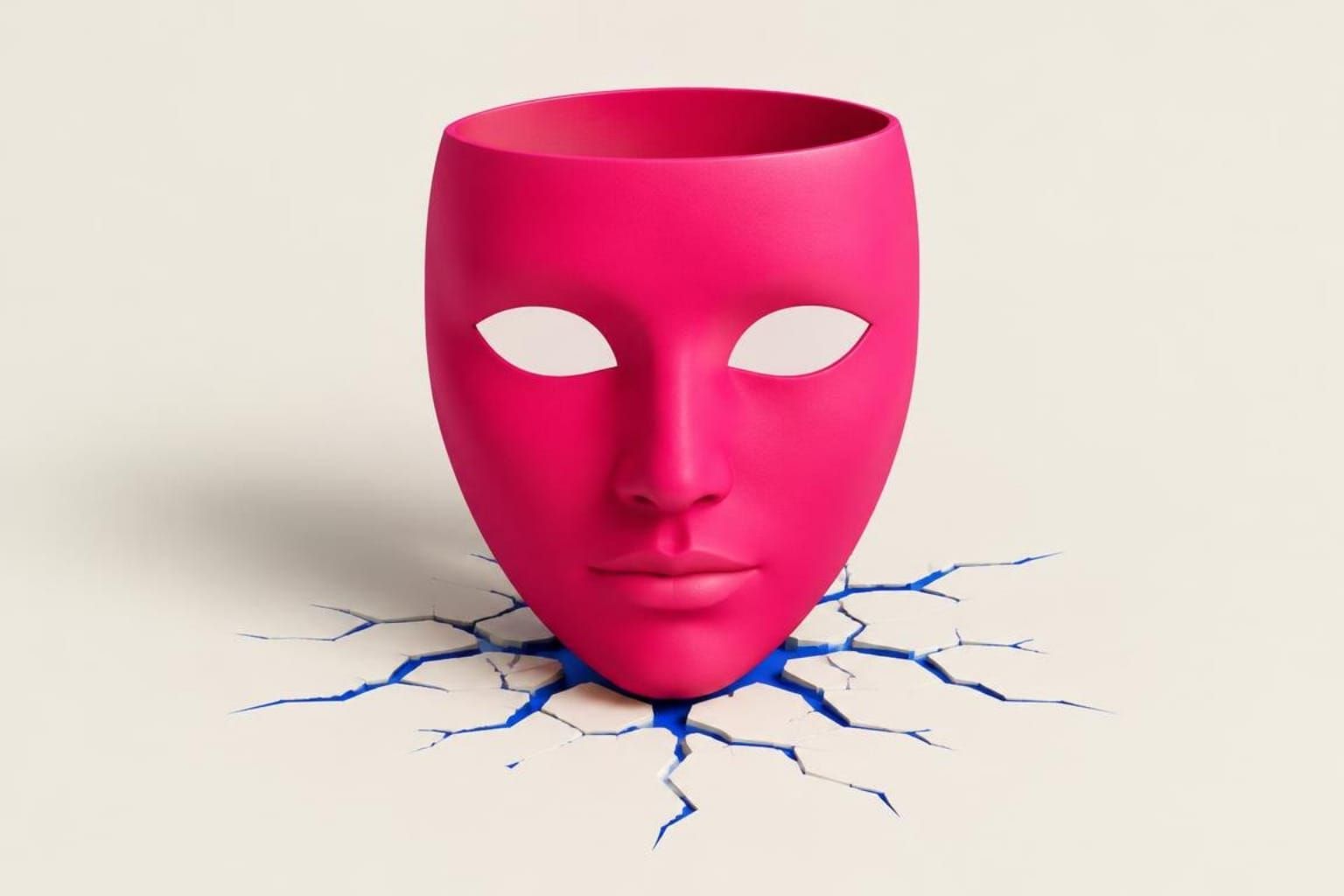A pink face mask resting on cracked off-white ground, with blue showing through the cracks