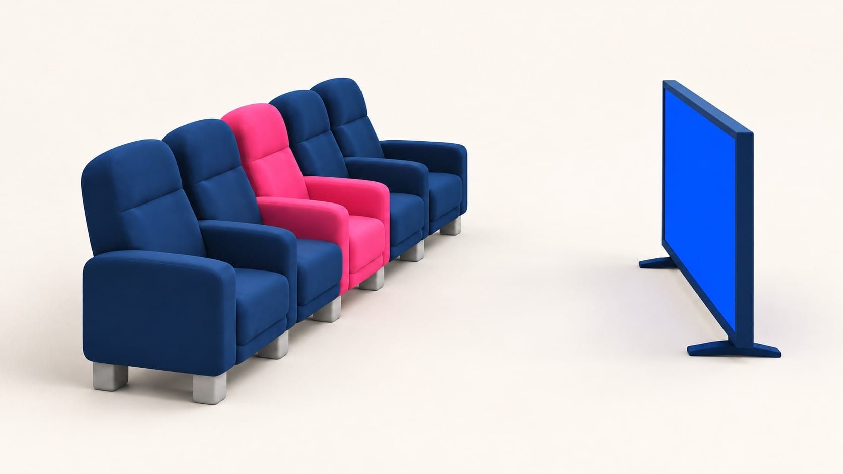 Illustration of a row of navy cinema seats with one pink seat, facing a blue screen