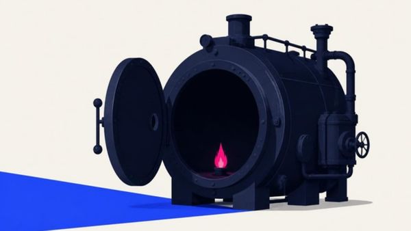 A huge navy furnace with its door open and a tiny pink pilot flame inside.