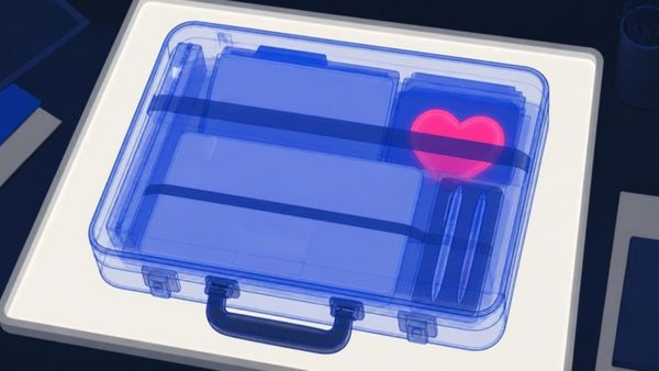 A see-through scan of a briefcase on a light table, with a glowing pink heart among the papers inside.