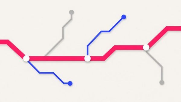 A transit map with one bold pink main line and short blue and grey branch lines.