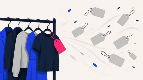 Wind blows grey price tags off a clothing rack while one pink tag stays attached.
