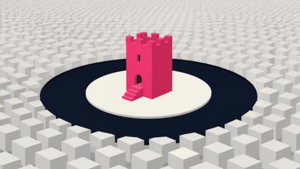A pink tower on an island inside a dark moat, surrounded by an endless field of identical grey cubes.