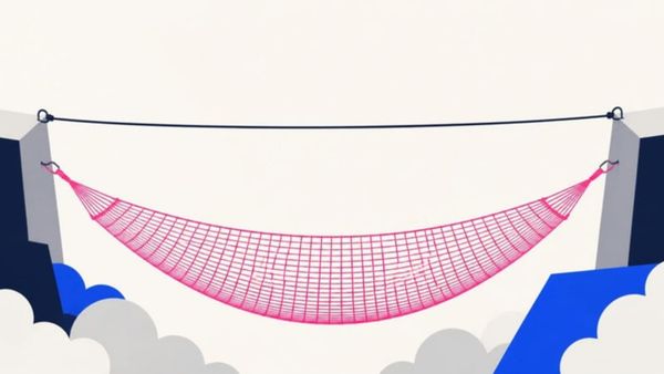 A navy tightrope stretched between two cliffs, with a wide pink safety net hung beneath it.