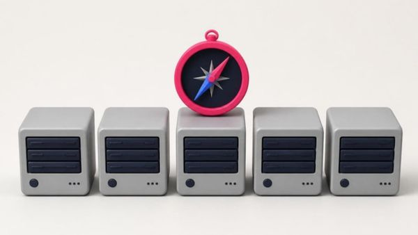 A row of identical grey servers, with a pink compass on top of the middle one.