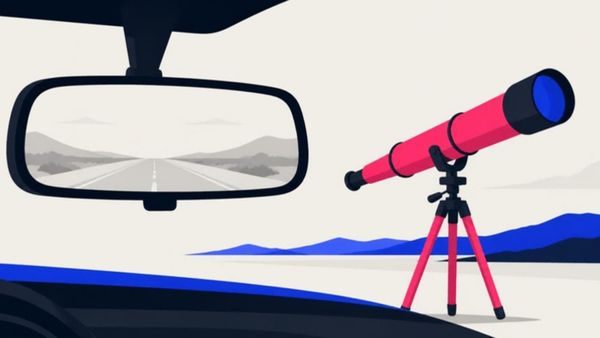 A car's rear-view mirror shows the road behind while a pink telescope points toward the horizon ahead.