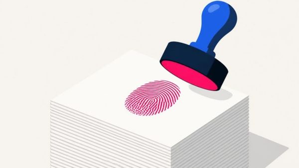 A rubber stamp presses a pink fingerprint onto a stack of blank pages.