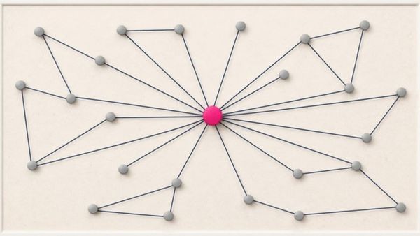 A pinboard with one pink pin at the center and threads running to many grey pins.