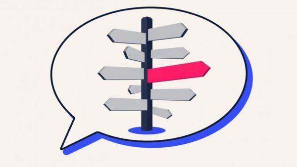 A signpost inside a speech bubble, with many grey arrows and one pink arrow.