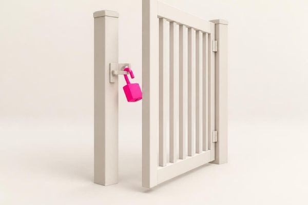 A cream garden gate standing ajar, its pink padlock hanging open on the post.