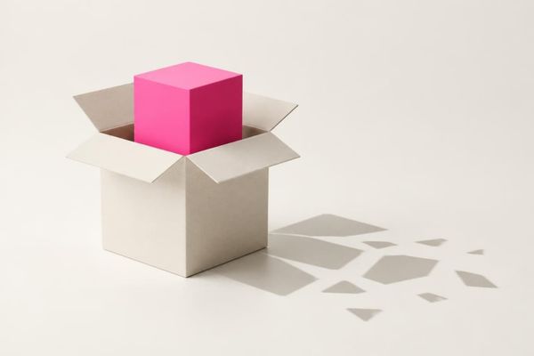 A bright pink cube rising out of an open cardboard box on a light gray background, with scattered shadow shapes beside it.