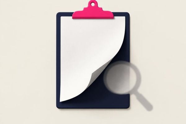 A navy clipboard with a pink clip and a blank page curling at the corner, a magnifying glass resting beside it.