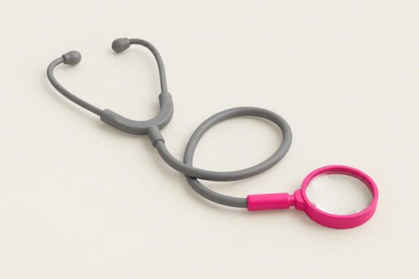 A gray stethoscope whose chest piece is a pink magnifying glass, on an off-white background