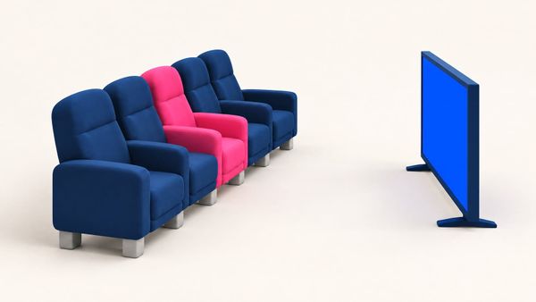 Illustration of a row of navy cinema seats with one pink seat, facing a blue screen