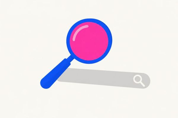 A blue magnifying glass with a pink lens resting above a gray search bar on an off-white background.