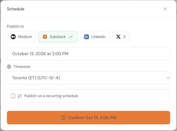Narrareach article scheduling controls with publishing destination, date, time, and timezone.