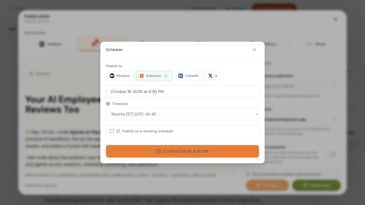 Narrareach scheduling dialog showing date, time, and timezone controls