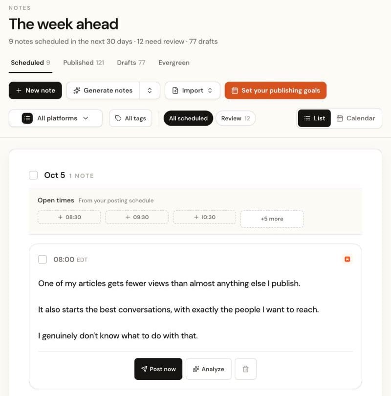 The Narrareach scheduled Notes queue with open time slots
