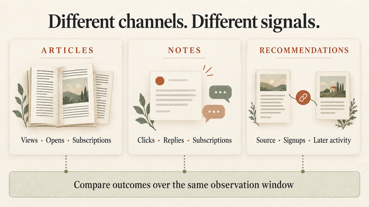 Articles, Notes and recommendations shown with their distinct metrics and a shared observation window.