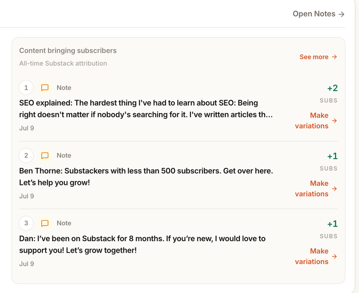 Narrareach Substack Notes attribution showing the subscribers brought by individual Notes
