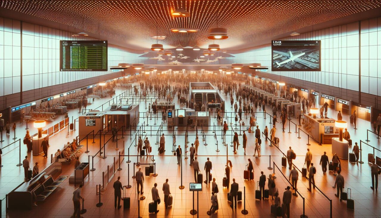 A busy airport terminal with passengers navigating queues, staff monitoring data displays, and digital signage showing real-time updates, all under bright, subtly warm lighting.