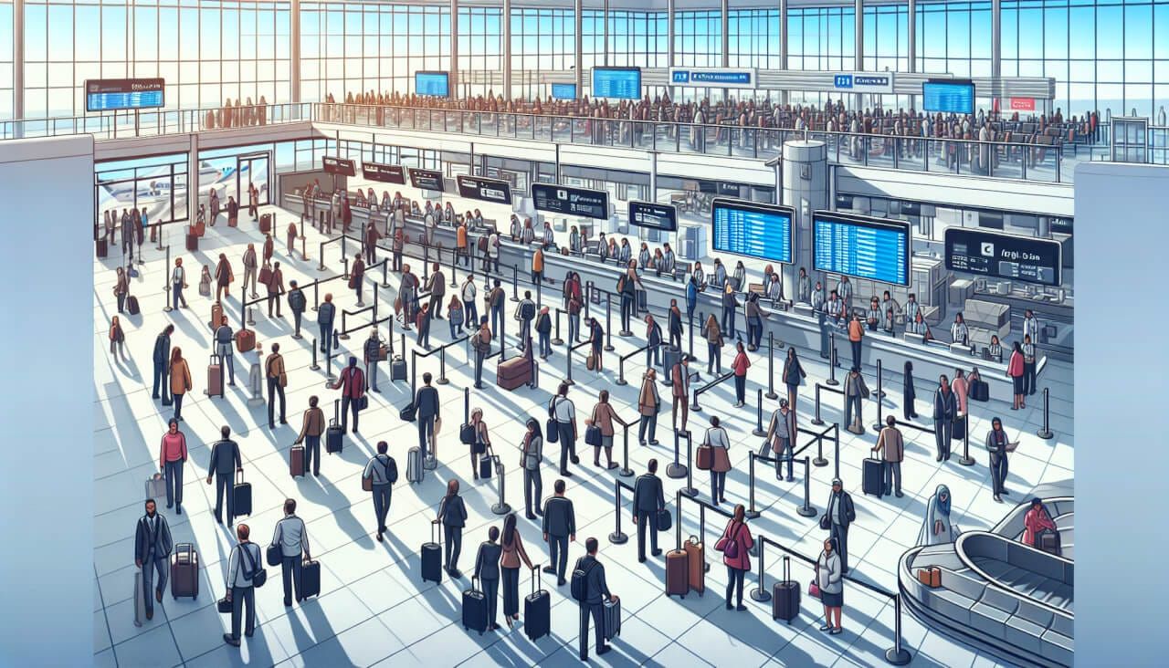 A busy airport terminal showing passengers at check-in, baggage claim, and transportation services, highlighting operational efficiency.