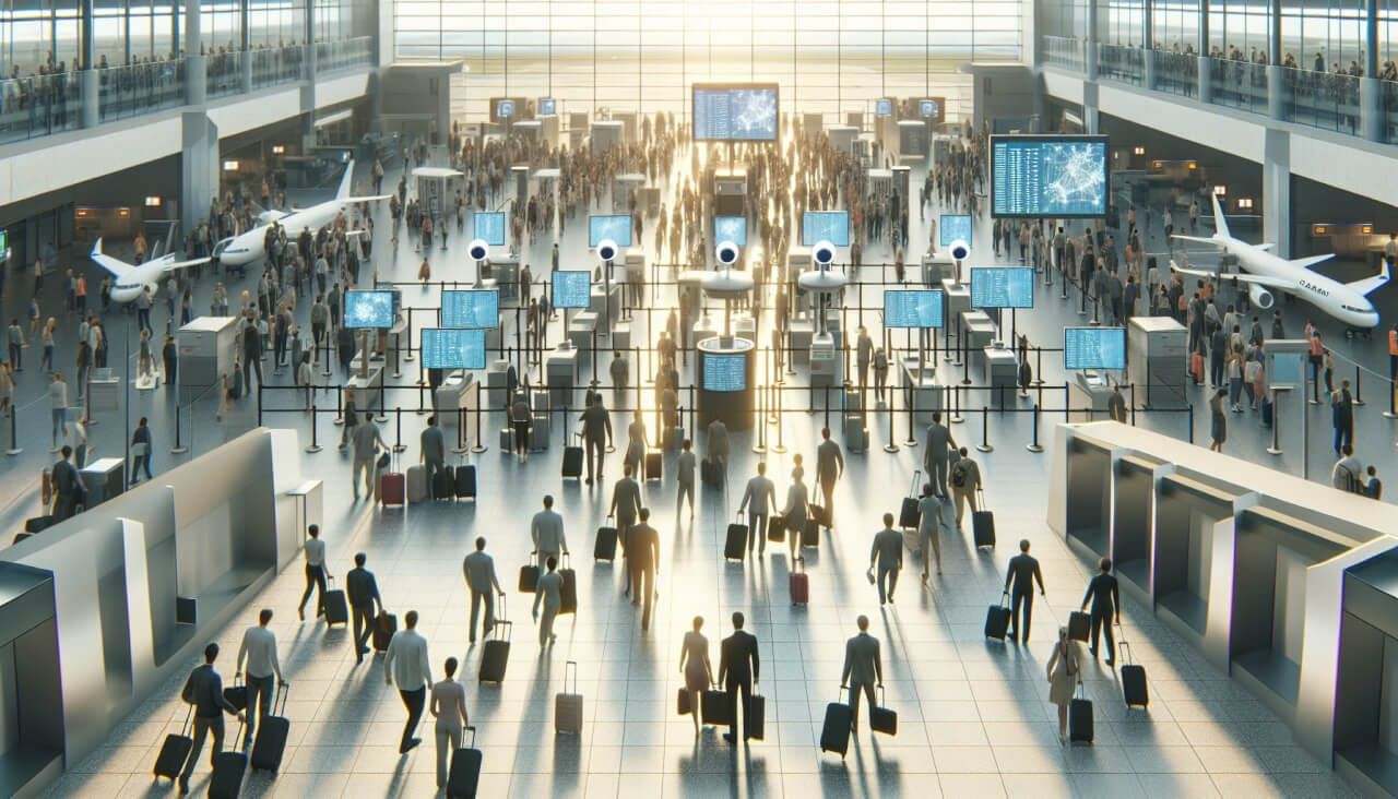 A bustling airport security checkpoint enhanced by LiDAR technology, showing passengers in line and staff managing operations.