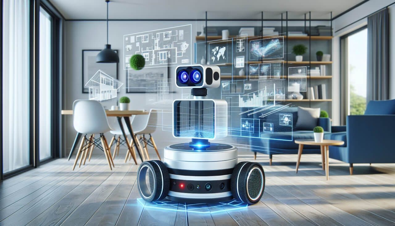 An autonomous robot equipped with a LiDAR sensor navigating through a bright, modern indoor environment while creating a detailed map of the space.