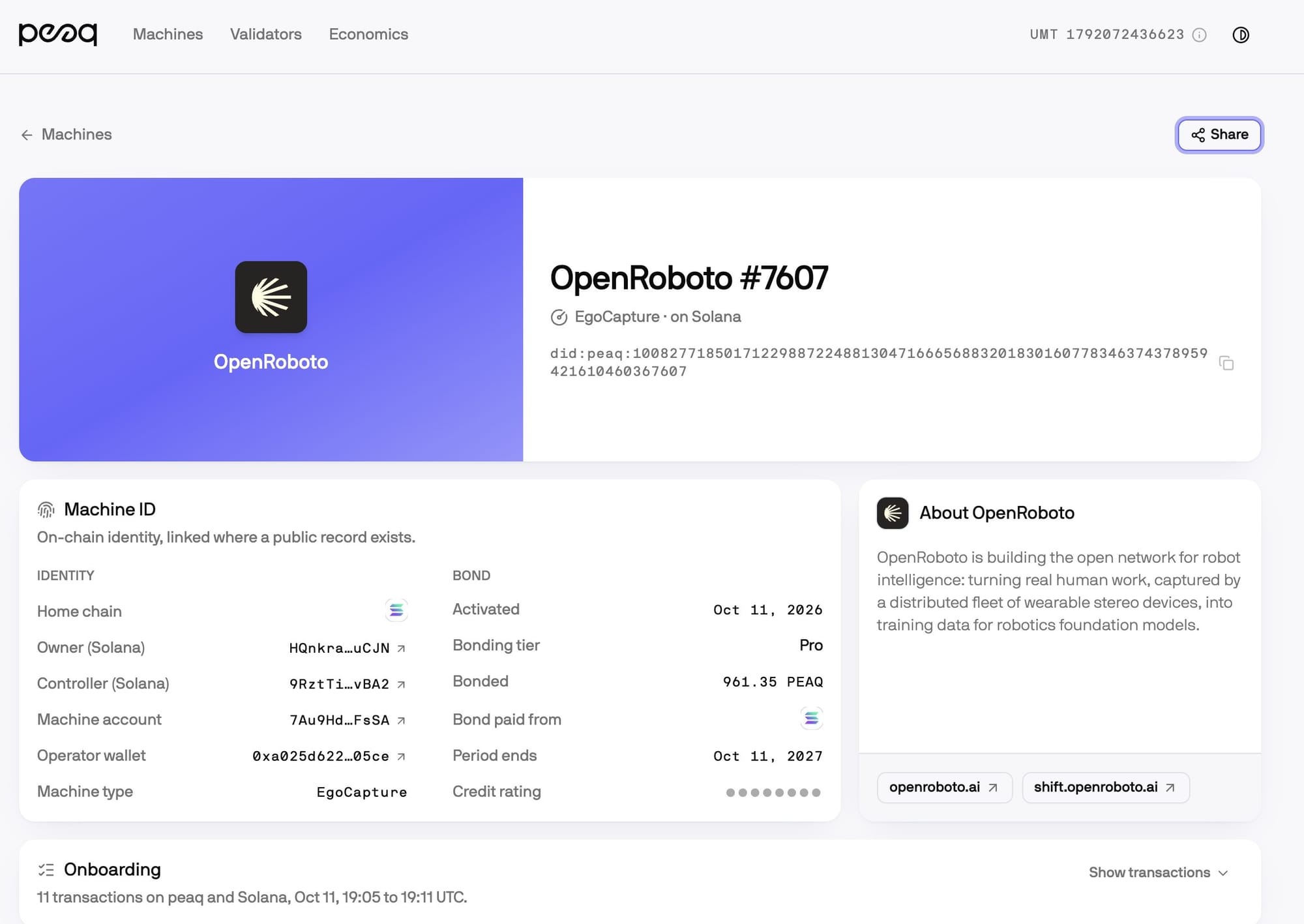 OpenRoboto #7607 machine passport on Solana
