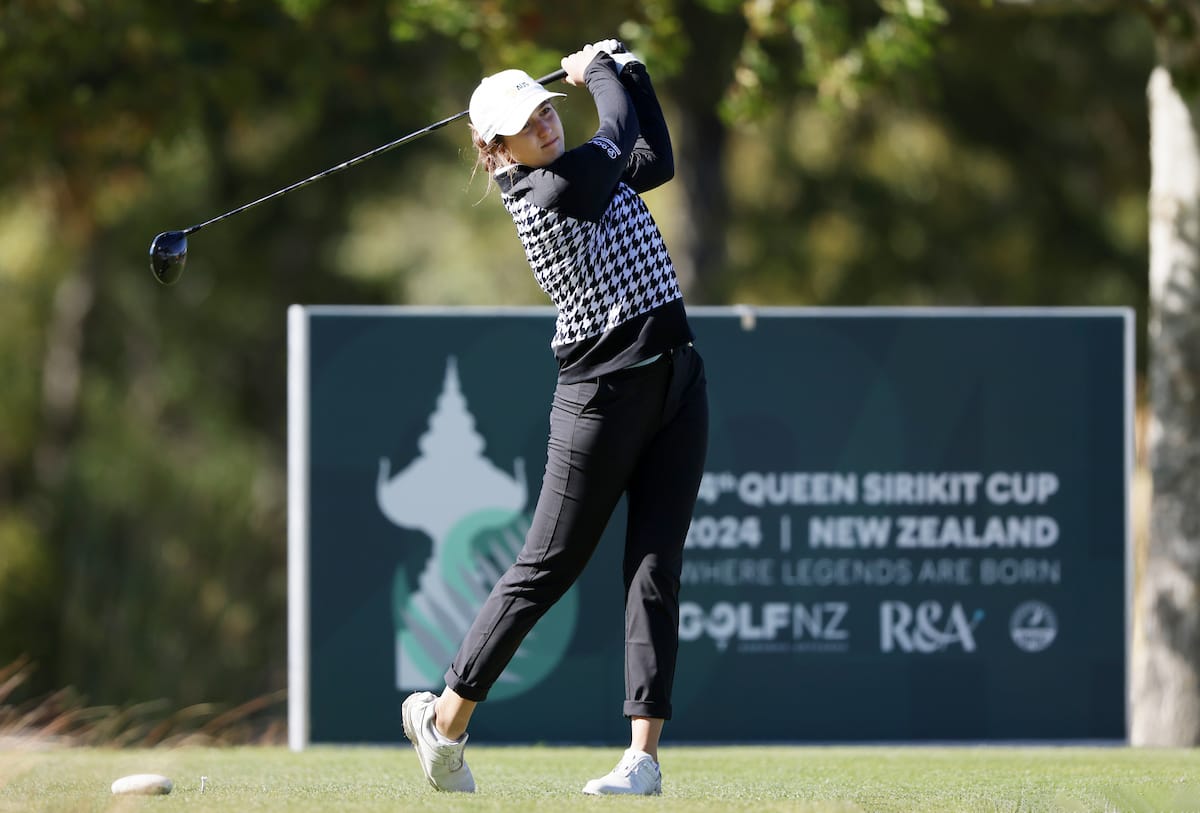 Sarah Hammett tees-off during her second-round 67 that helped Australia to the top of the leaderboard. Picture by Golf New Zealand.