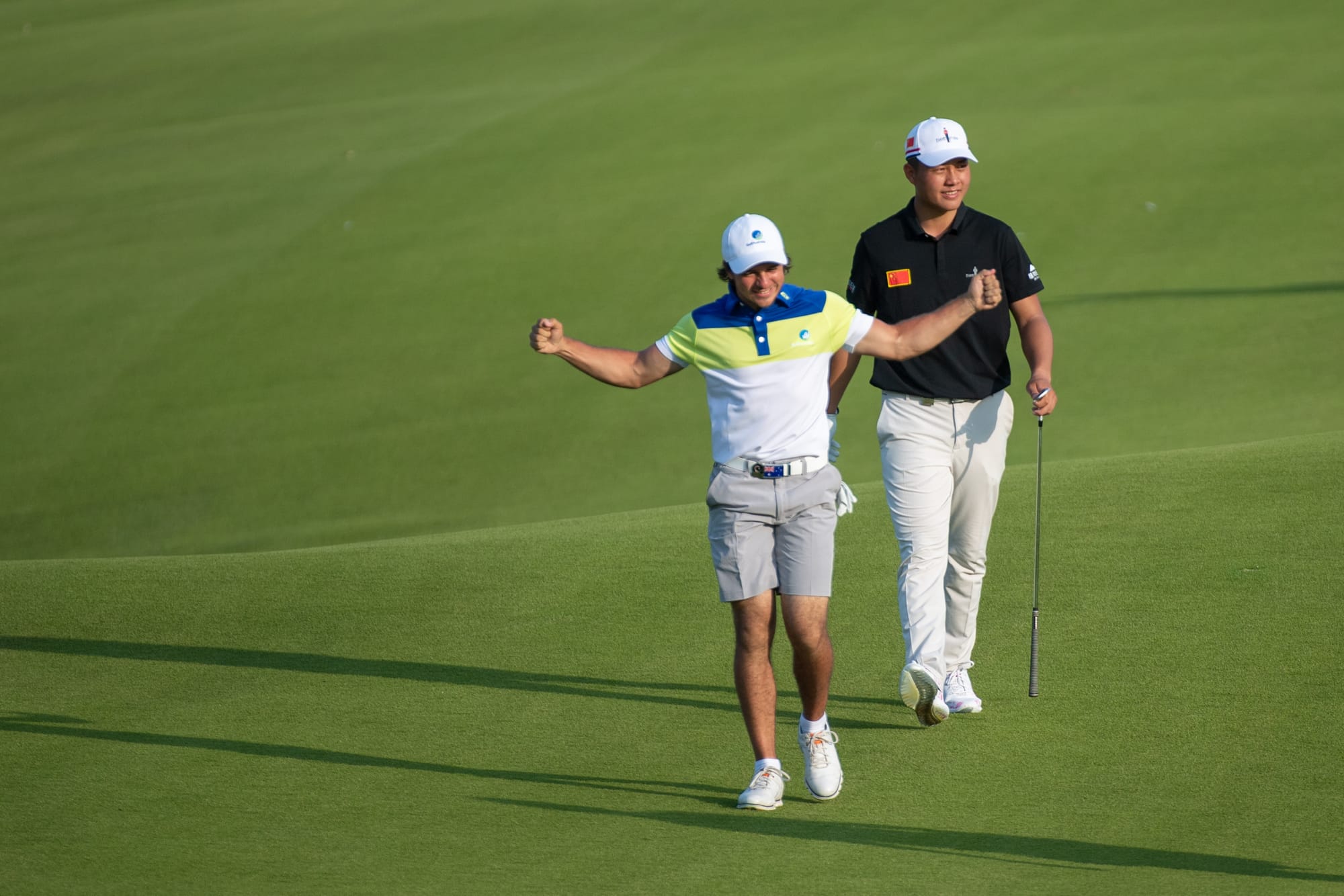 David Micheluzzi celebrates after holing out for an eagle-two on the par-four 18th in round one.