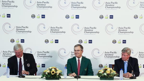 APGC Chairman David Cherry, Augusta National Chairman Billy Payne and R&A Chief Executive Martin Slumbers at a pre-event press conference.