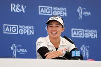 Jeeno Thitikul in relaxed mood during her pre-tournament press conference. Picture by The R&A/Getty Images.