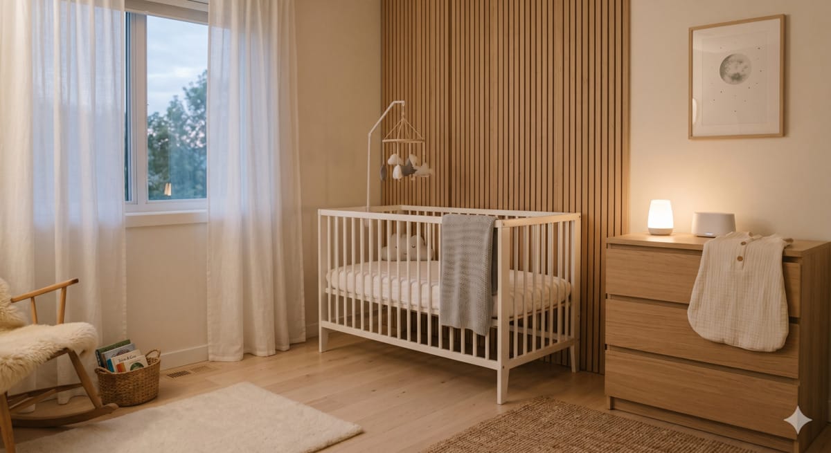 A minimalist Scandinavian nursery setup for a 15-month-old featuring a white crib, white noise machine, and folded sleep sack on a natural oak dresser with soft warm lighting.
