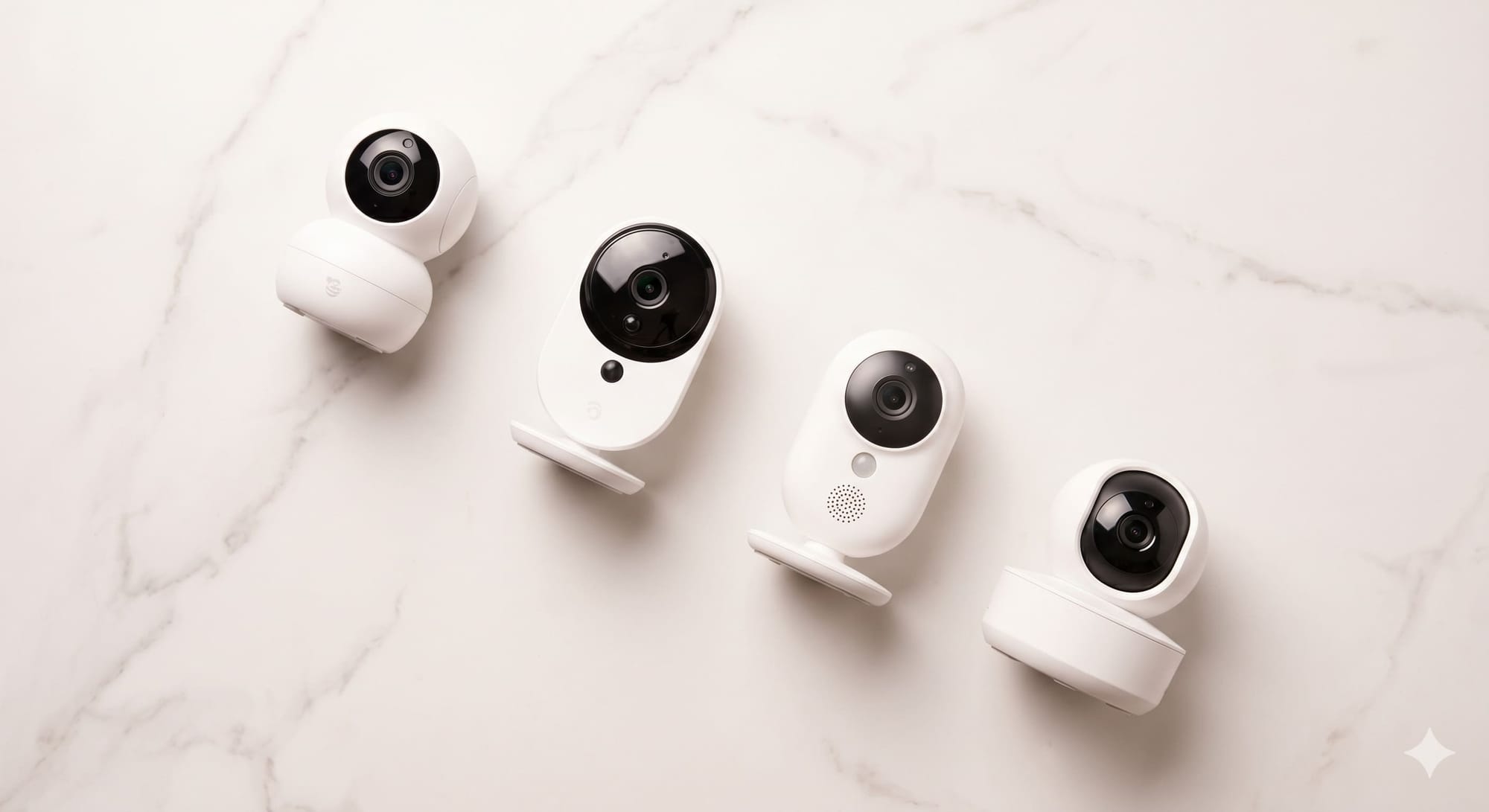 Four modern smart baby monitors arranged in a clean diagonal flat-lay comparison on a soft white marble surface.