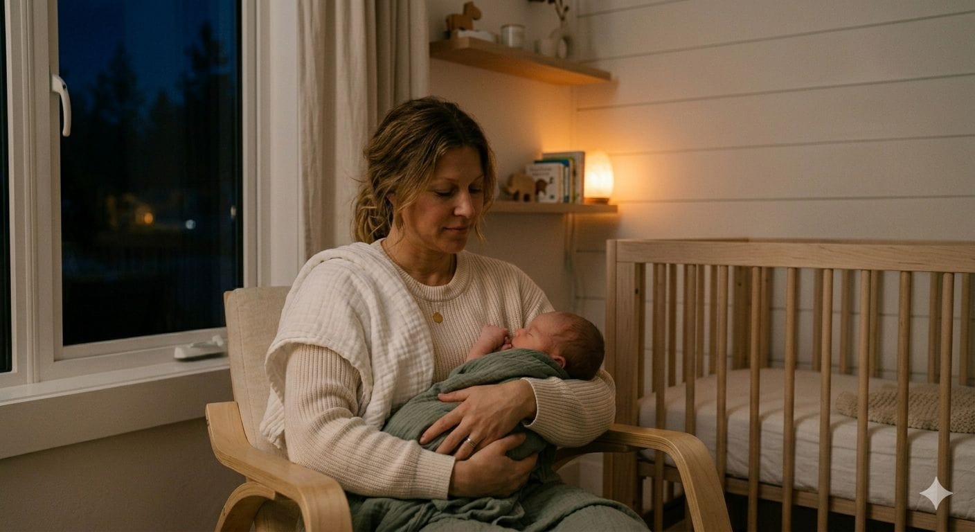 Calm mid-30s mother feeding newborn baby at night in a softly lit Scandinavian minimalist nursery with white walls and warm wood tones