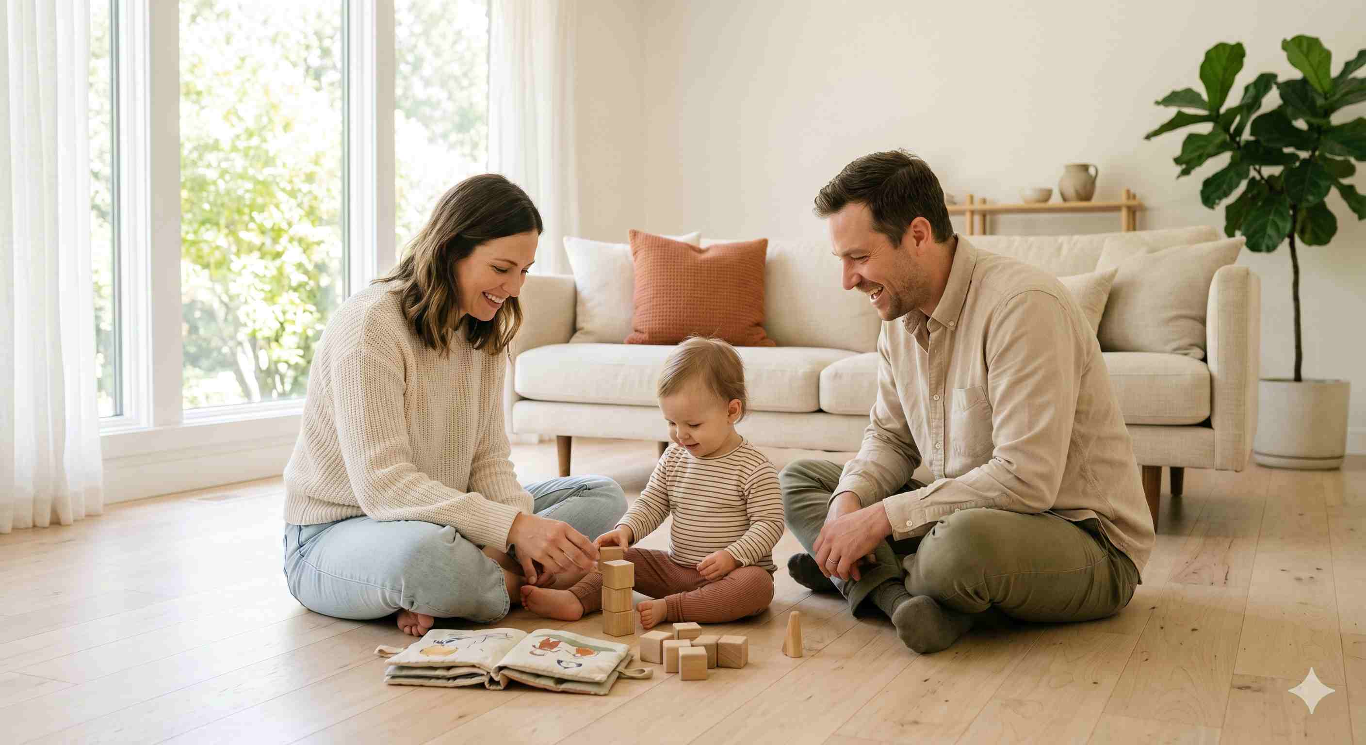 Two parents in their 30s sitting on a light wood floor playing with their toddler in a bright minimalist living room with neutral tones and natural light
