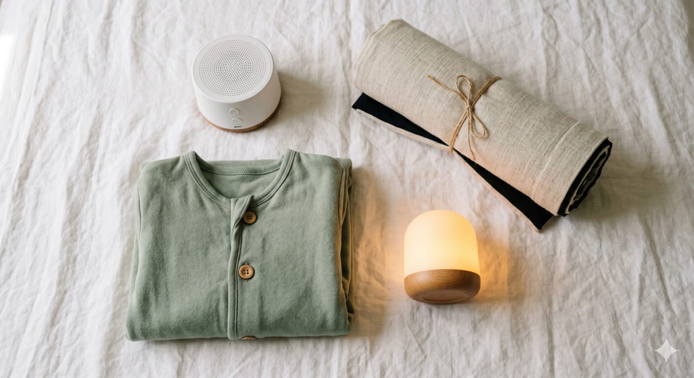 A minimalist flat-lay of four essential sleep items for a 15-month-old toddler — white noise machine, sage sleep sack, amber nightlight, and blackout curtain panel — arranged on white linen.