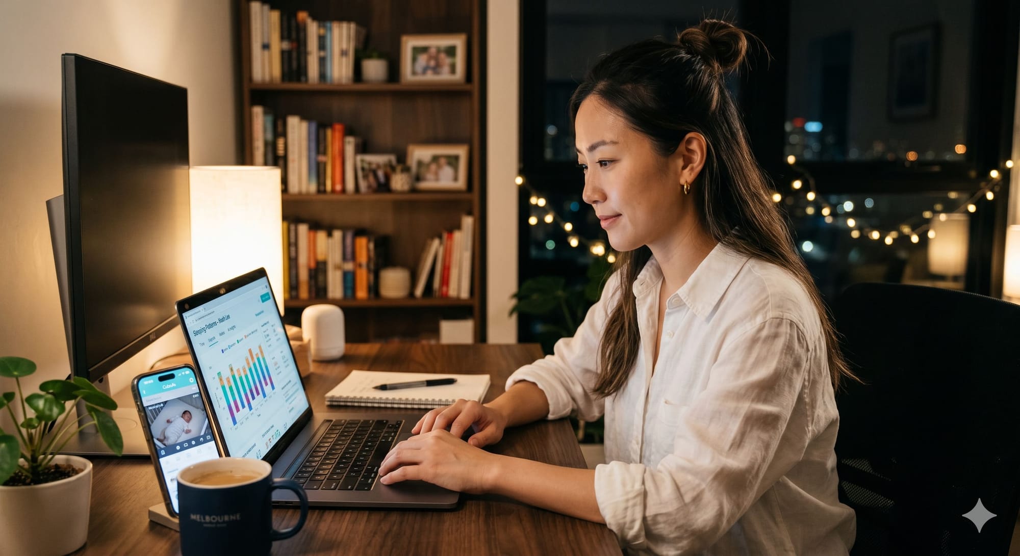 A working mom reviewing baby sleep data charts on a laptop at a home office desk at night with a smart baby monitor app open on her phone.