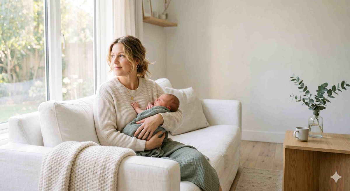 Mid-30s first-time mother sitting on a white linen sofa holding her baby and looking thoughtfully out a bright window in a Scandinavian minimalist home