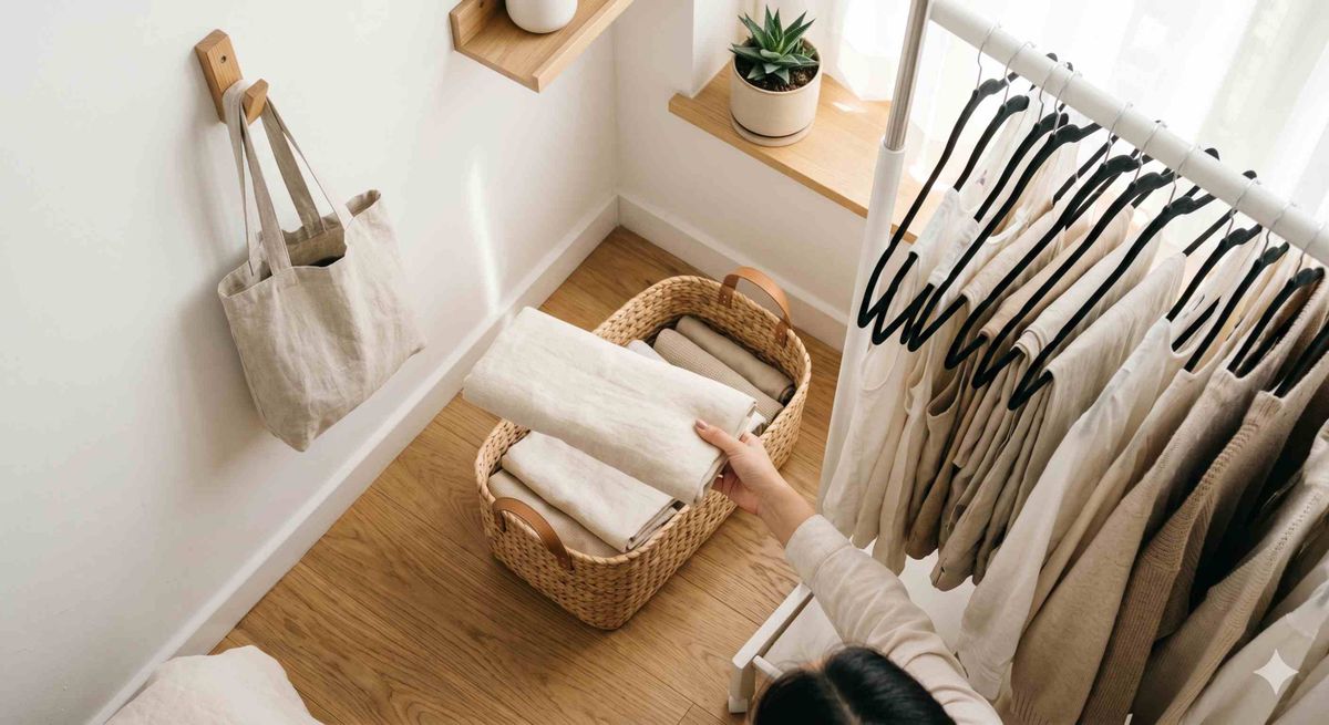 Minimalist bedroom laundry organisation system with open wicker baskets and hanging wardrobe visible in background, white and wood Scandi aesthetic