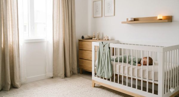 A peaceful 15-month-old baby sleeping in a white Scandinavian-style nursery with a white noise machine on a natural oak shelf and a sage sleep sack draped over the crib rail.