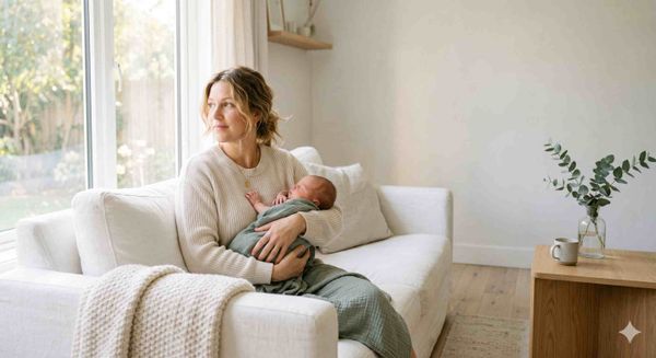 Mid-30s first-time mother sitting on a white linen sofa holding her baby and looking thoughtfully out a bright window in a Scandinavian minimalist home