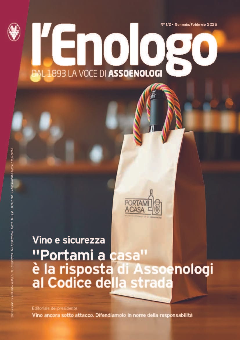 Copertina del n° 1/2 di Gennaio/Febbraio 2025 de "l'Enologo", bimestrale di Assoenologi con wine bag "Portami a casa".
