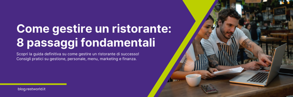 Due gestori di ristorante consultano un laptop al tavolo del locale, pianificando attività operative e strategiche per migliorare la gestione del ristorante.